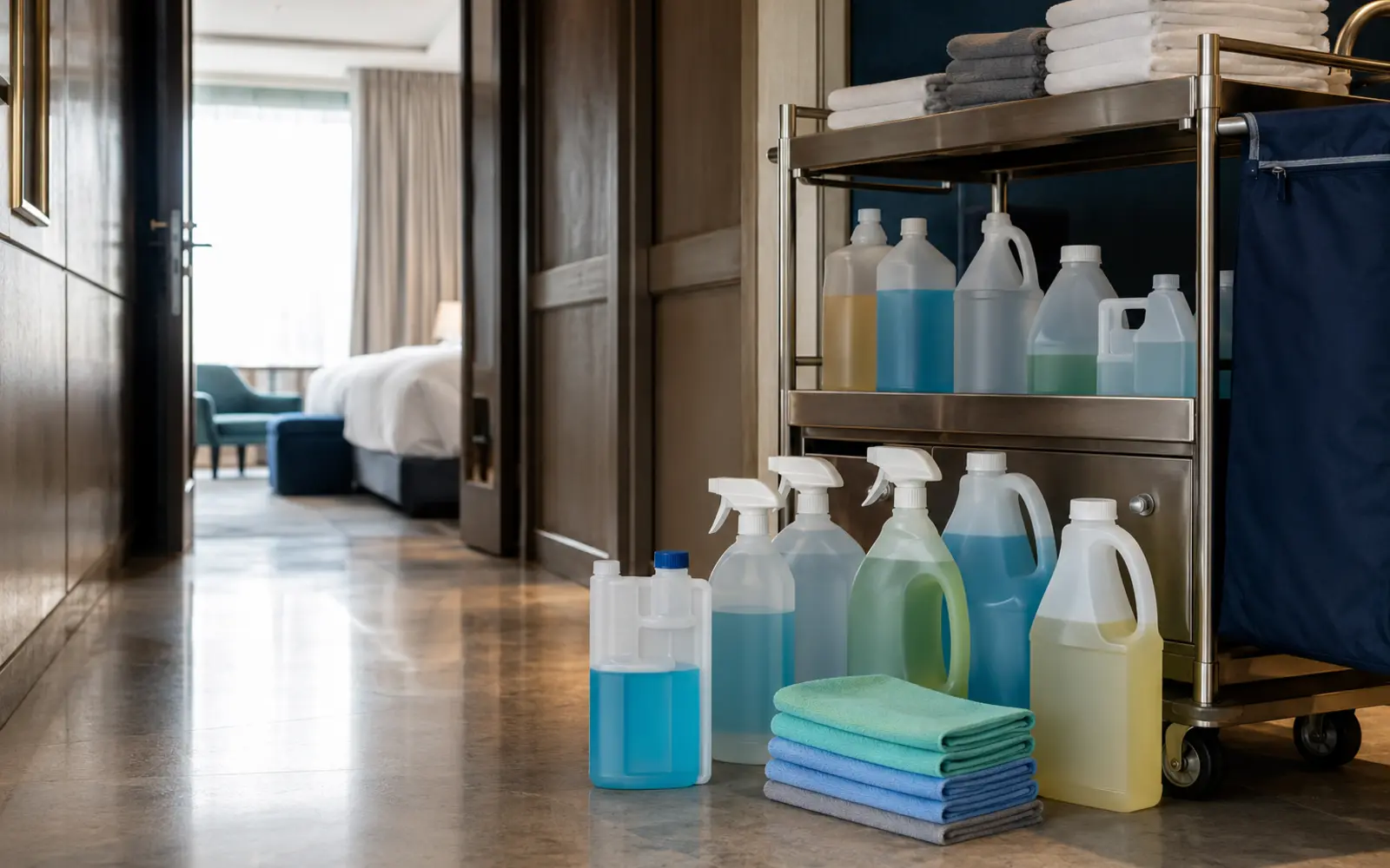 Commercial cleaning chemicals organized on a hotel housekeeping cart