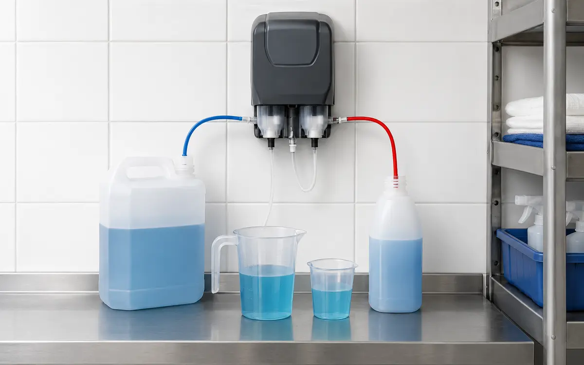 Commercial cleaning chemical dilution and dosing equipment arranged for specification planning
