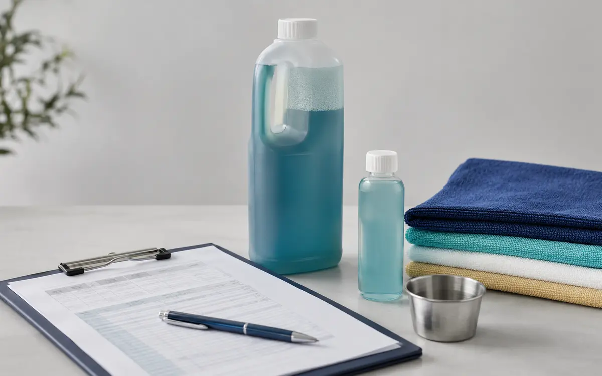 Commercial cleaning chemical samples organized for hospitality procurement review