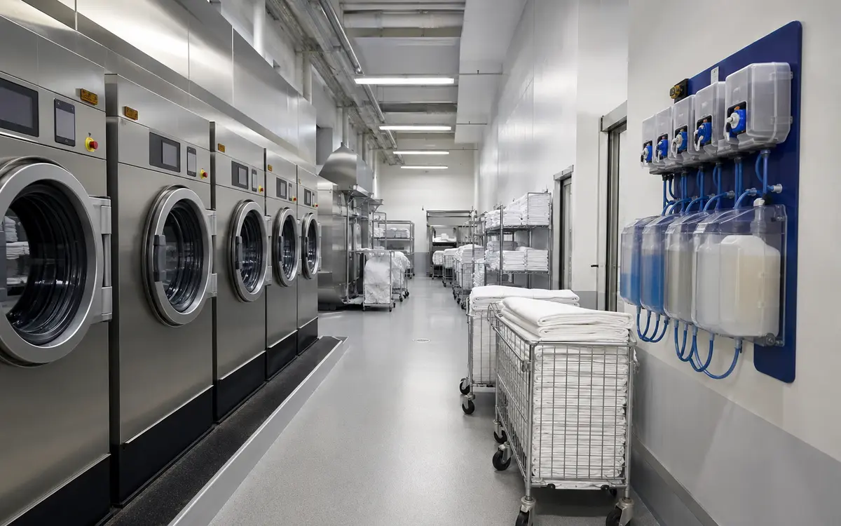 Commercial laundry chemical containers in a hotel laundry operation