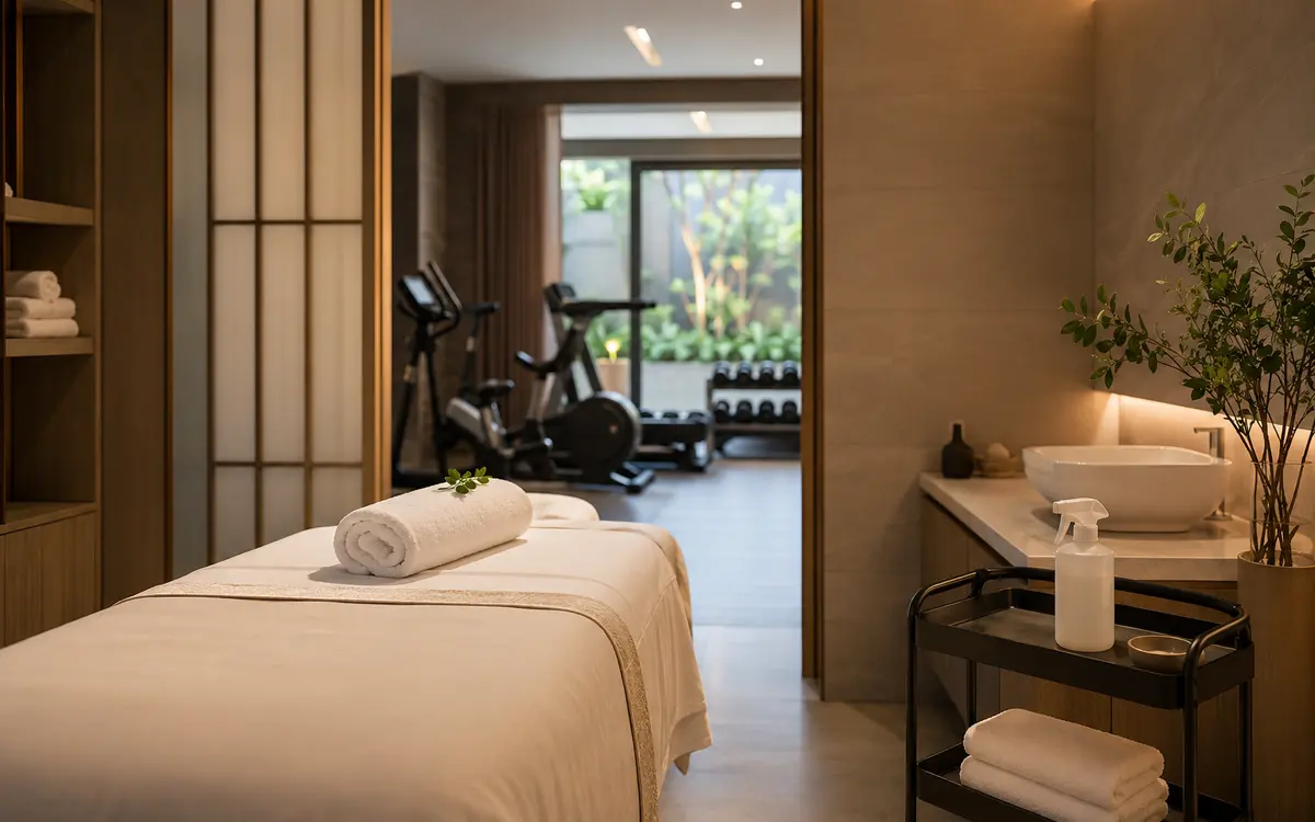 Cleaning supplies prepared for a hotel spa and fitness environment