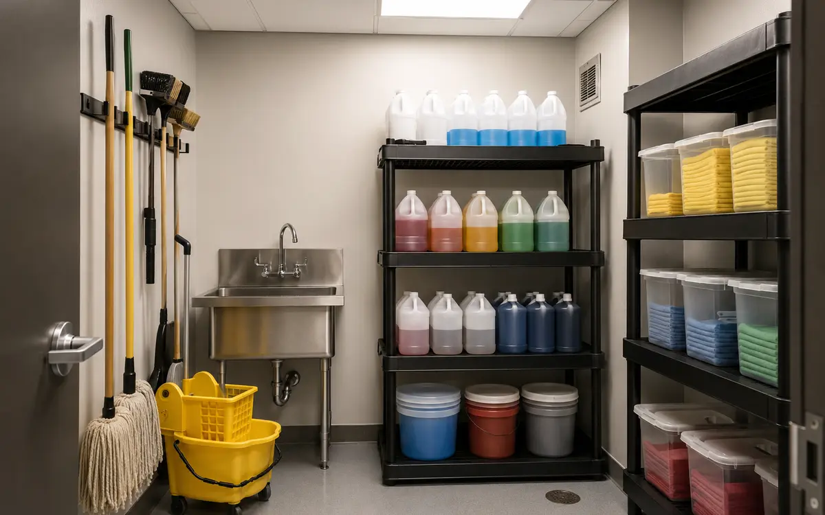 Cleaning chemicals arranged in a hotel back-of-house utility area