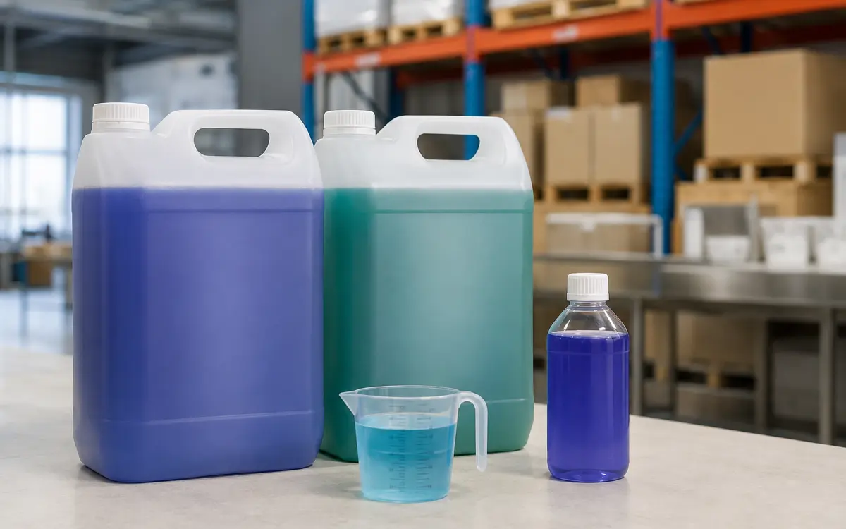 Concentrated commercial cleaning chemicals in bulk hospitality packaging