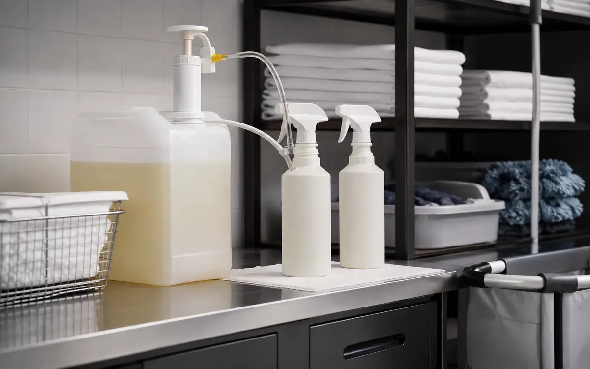 Controlled hospitality refill station with reusable secondary spray bottles