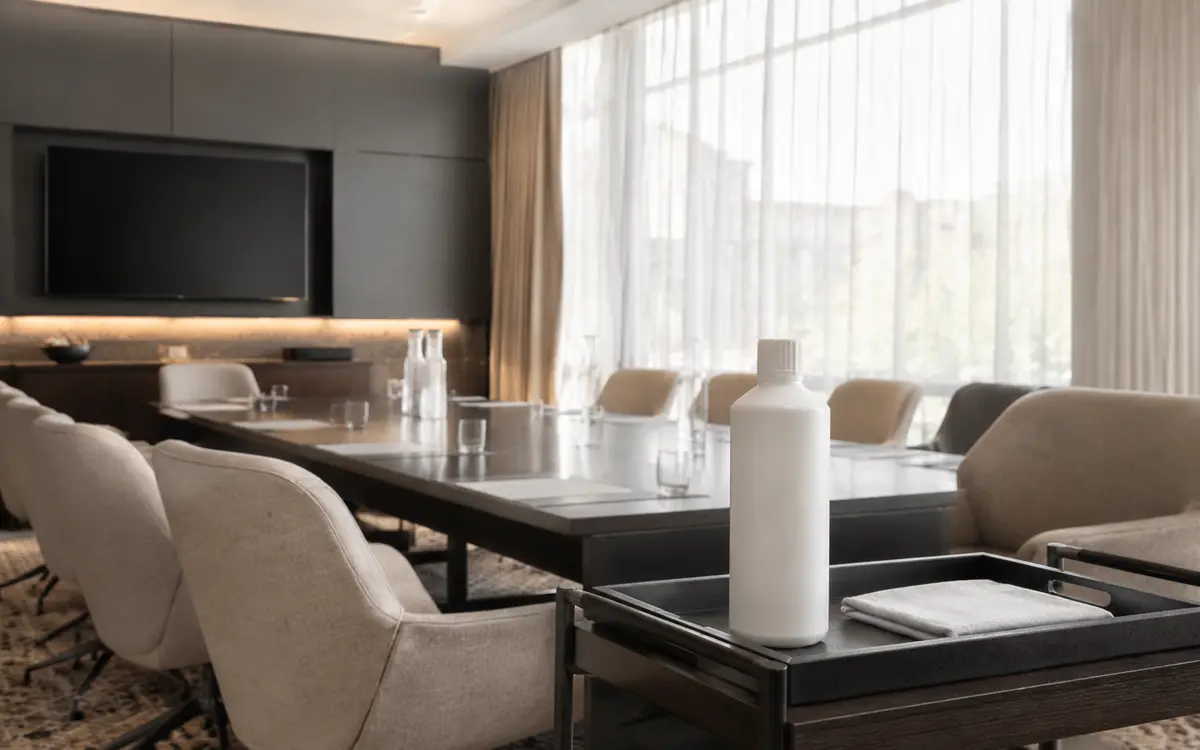 Low-odor cleaning product staged in a quiet hotel meeting room