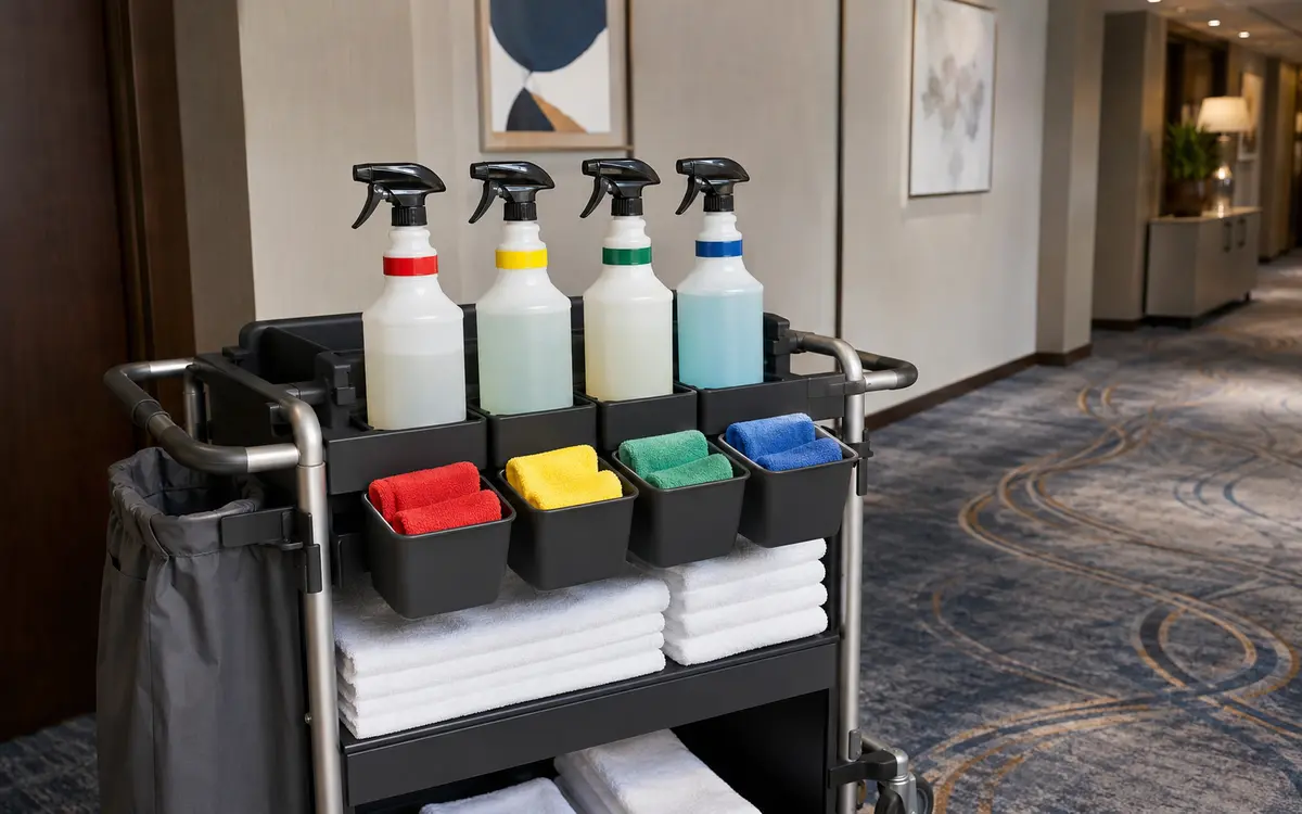 Color-coded hotel housekeeping bottles and microfiber cloth program