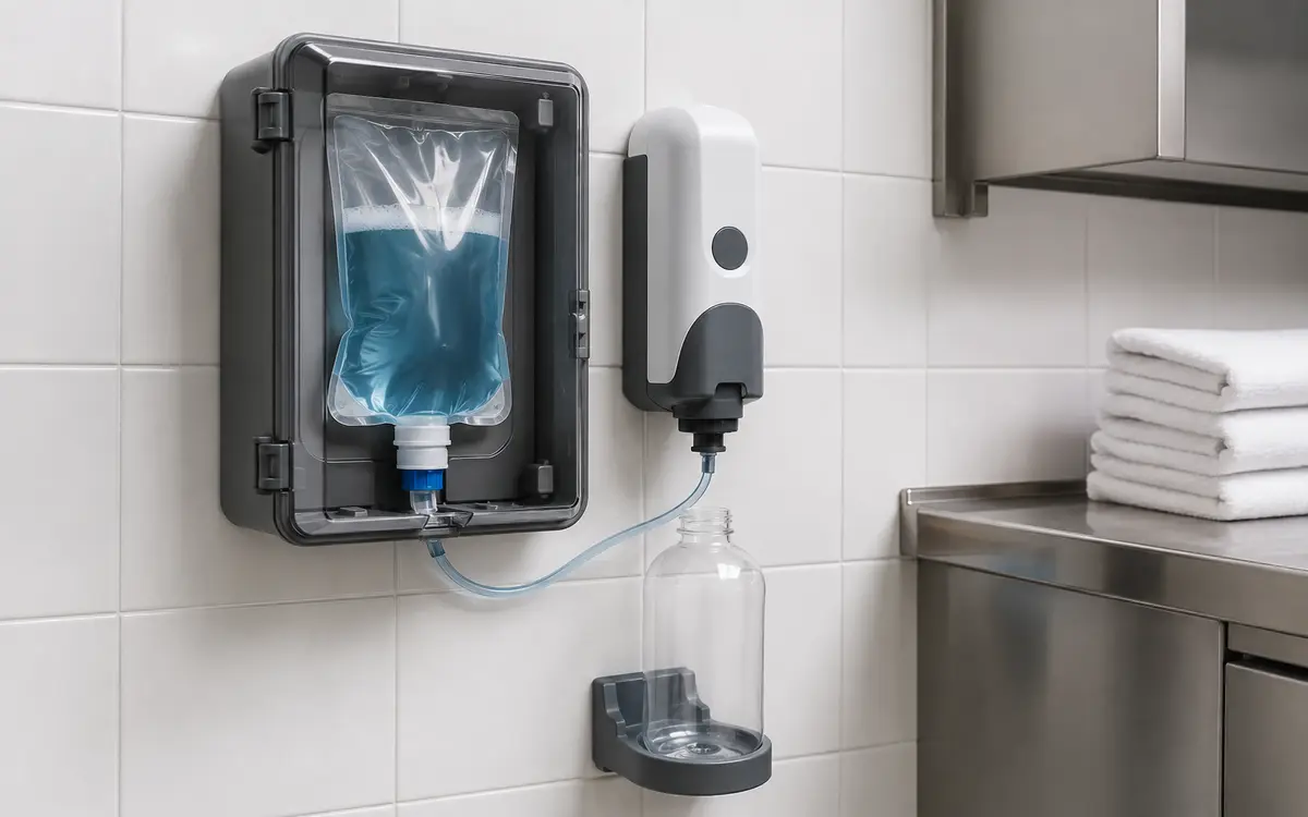 Closed-loop commercial cleaning chemical dosing system installed in a hotel utility area