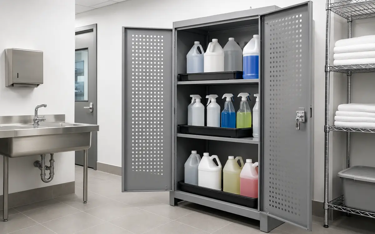 Segregated cleaning chemical storage arranged for hospitality operations