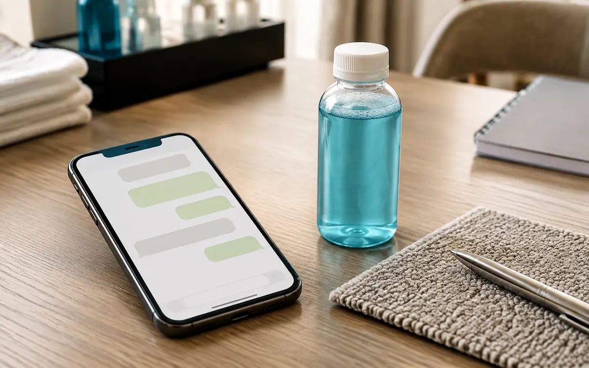 Smartphone and cleaning product sample prepared for a supplier enquiry