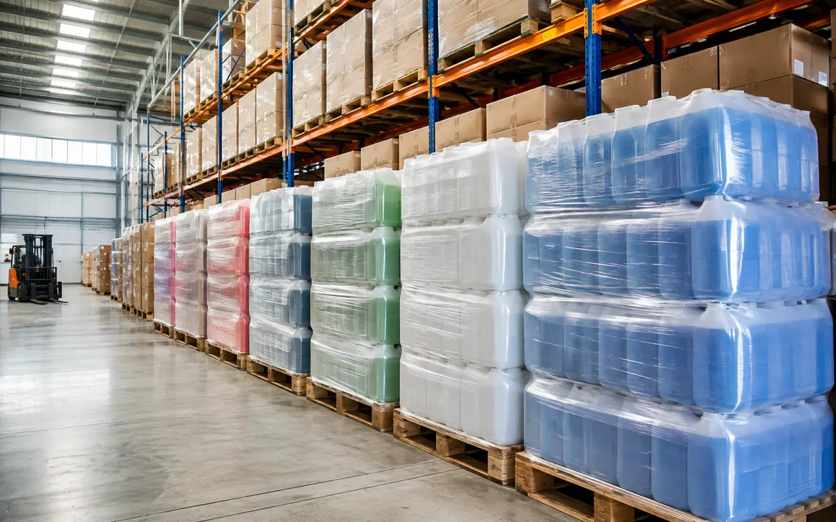 Palletized bulk cleaning chemical containers in a commercial warehouse