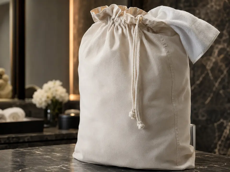 Reusable hotel laundry bag fabric and stitching detail