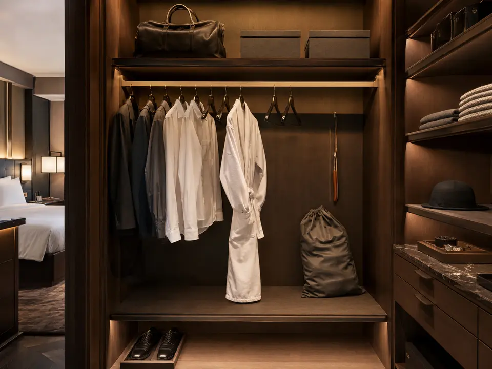 Complete luxury hotel guestroom closet staged for arrival