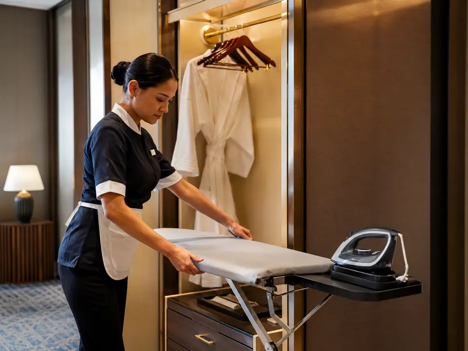 Housekeeper preparing a hotel ironing board and iron