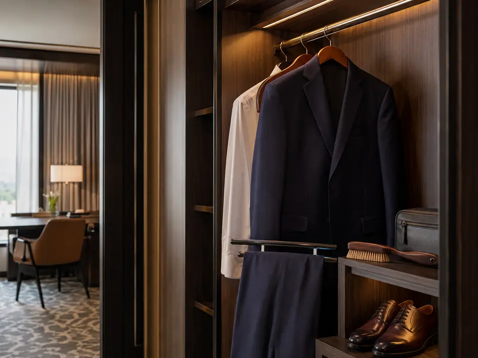 Business traveler suit and garment care setup in a hotel closet