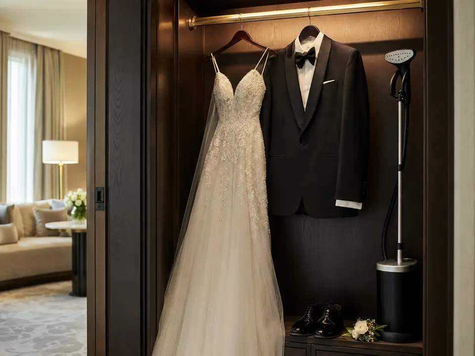 Formal wedding garments cared for in a hotel suite wardrobe