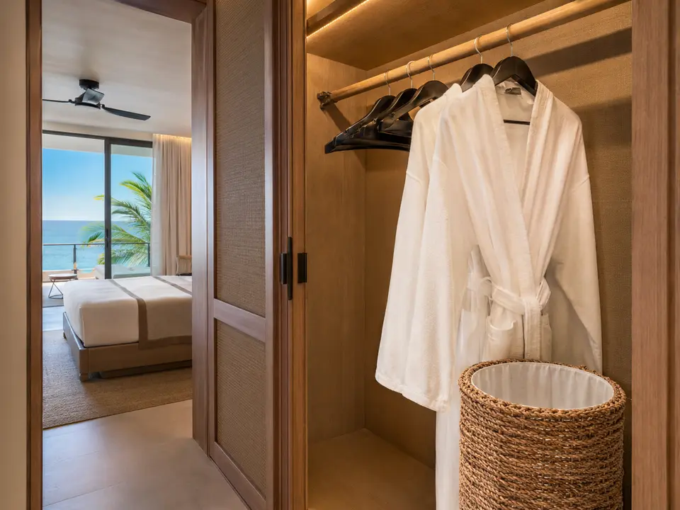 Bright resort wardrobe with robes and hospitality hangers