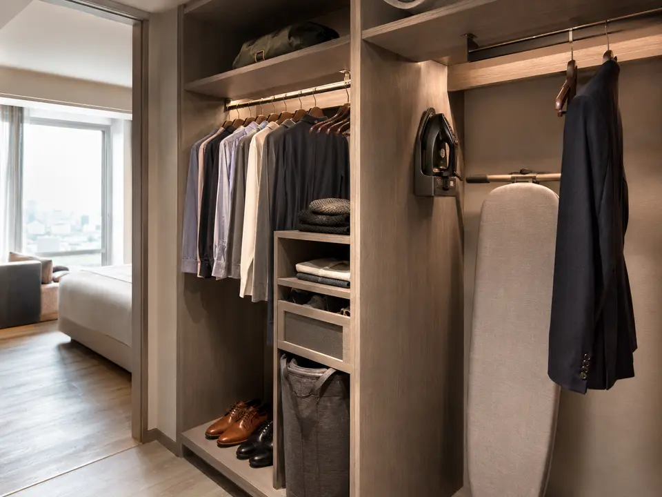 Extended-stay hotel closet with laundry and garment organization