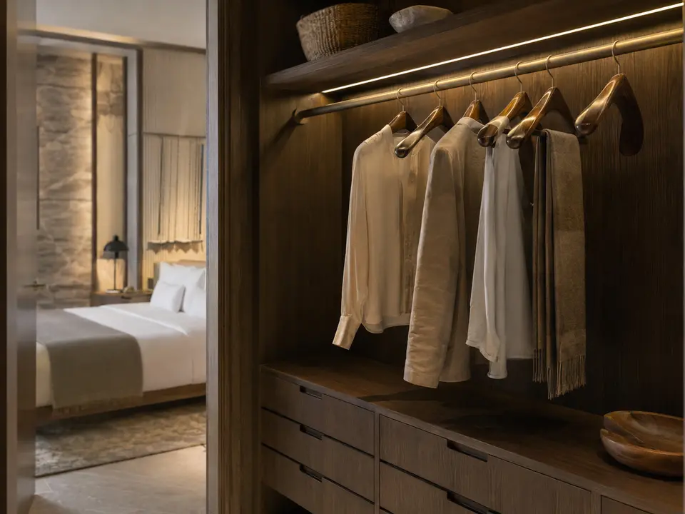 Design-led boutique hotel wardrobe with coordinated hangers