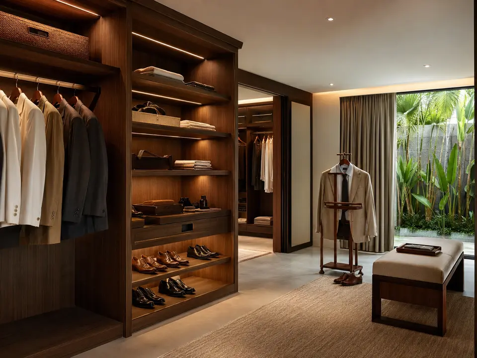 Luxury hospitality villa dressing room with valet and closet care