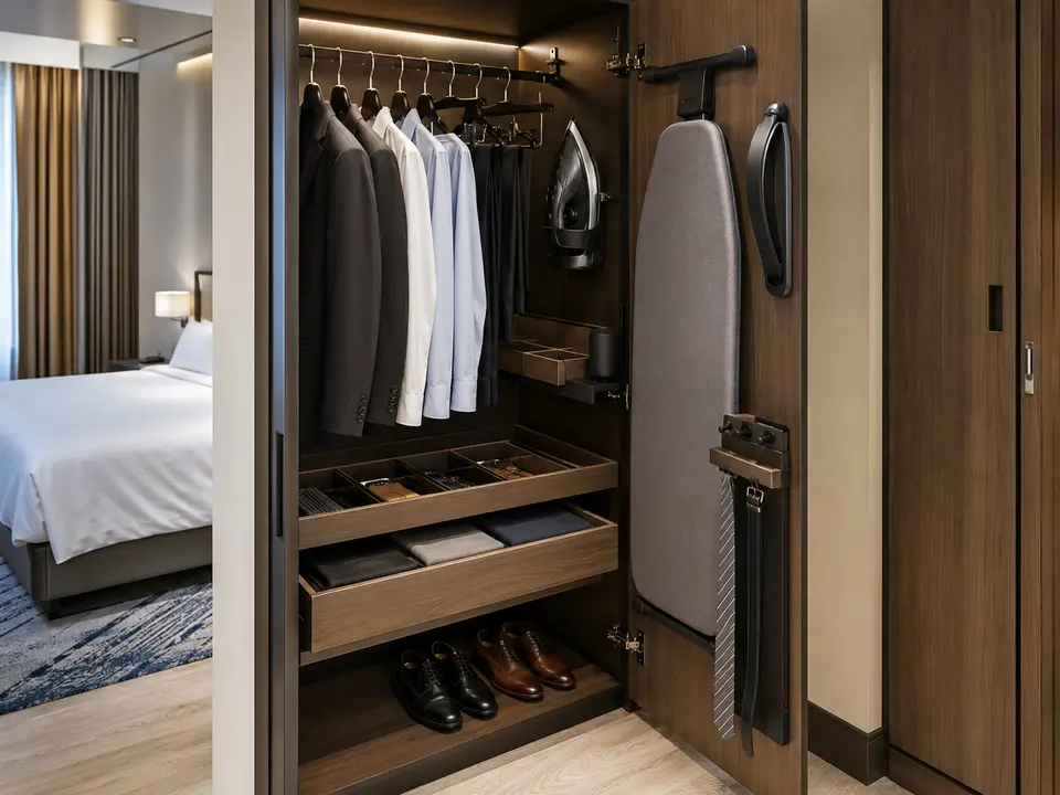 Space-efficient compact hotel room wardrobe solution