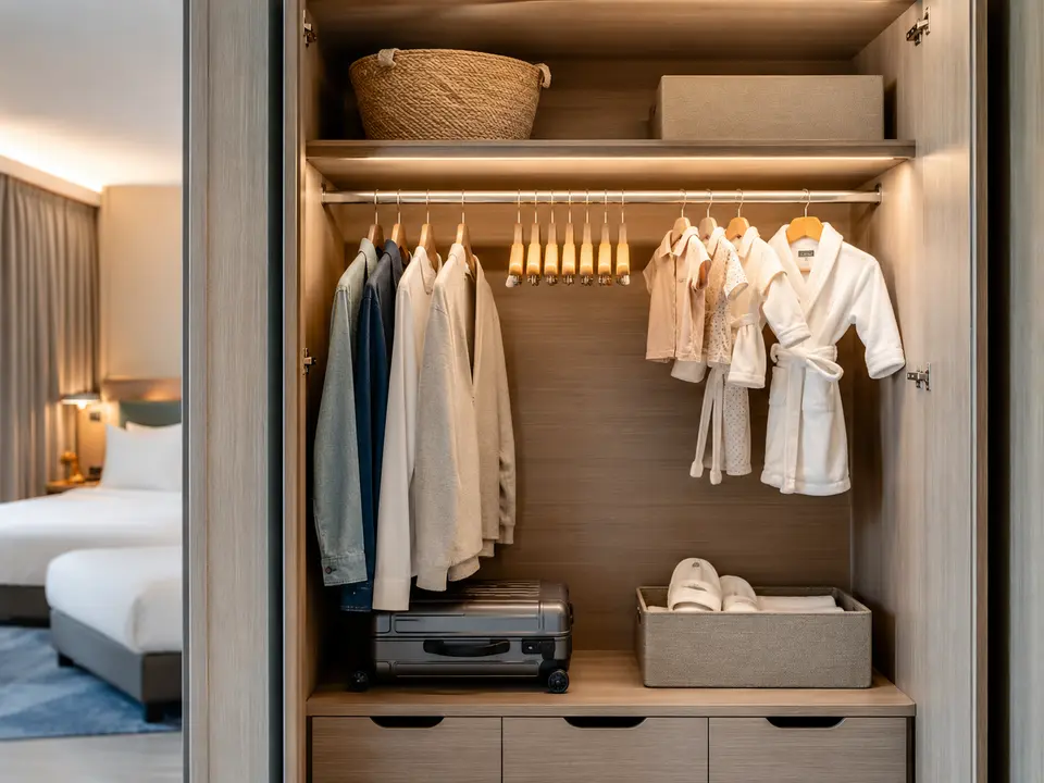 Family hotel wardrobe with adult and children hangers