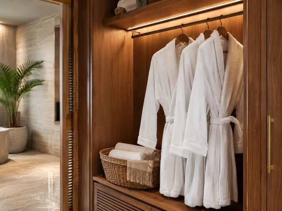 Spa robes and garment care arranged in a hospitality wardrobe