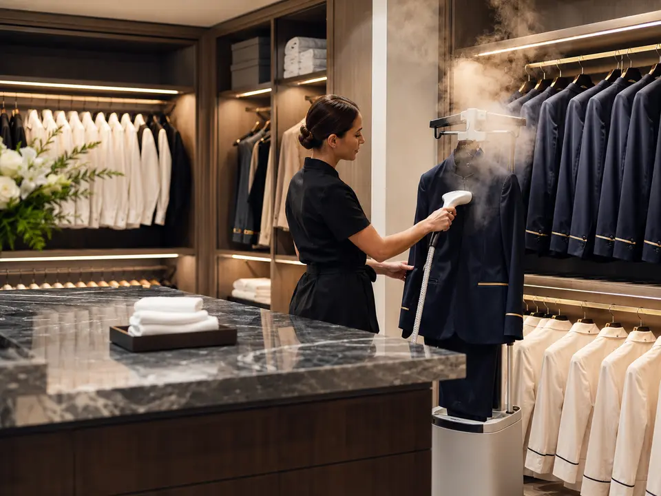 Hotel staff uniform care room with racks and steaming equipment
