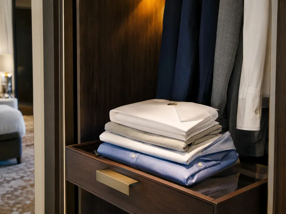Freshly pressed guest laundry arranged for return presentation