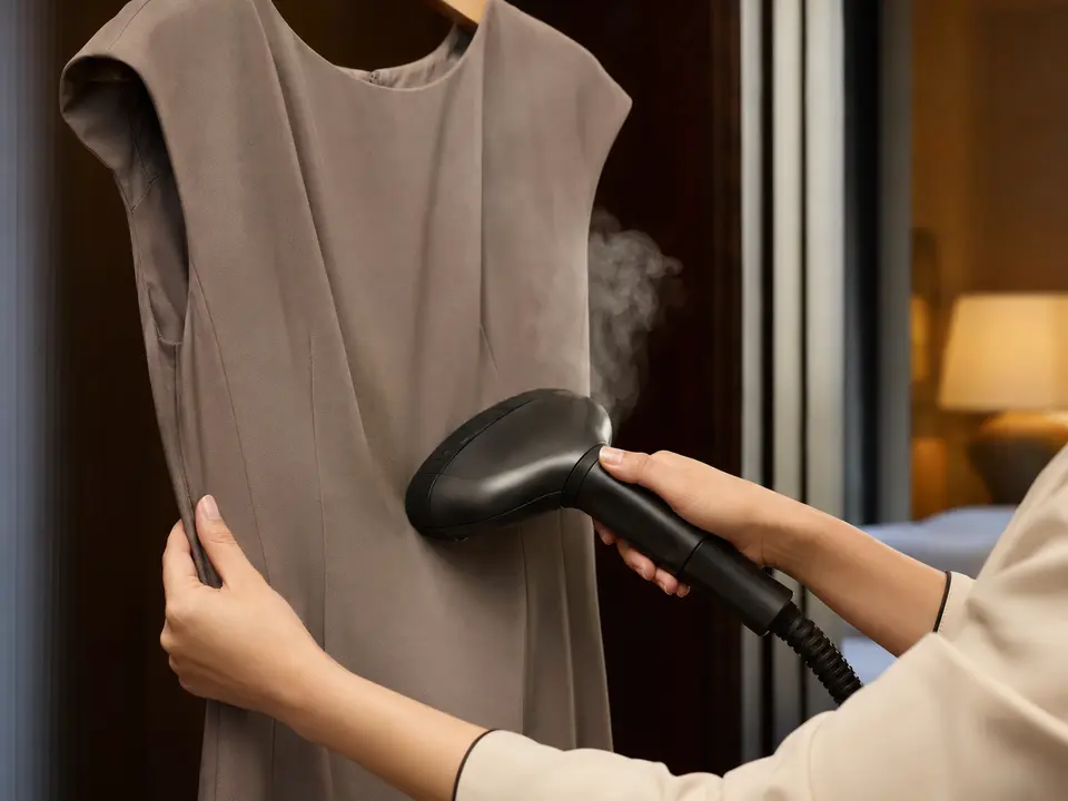 Handheld garment steamer removing wrinkles from a hotel guest garment