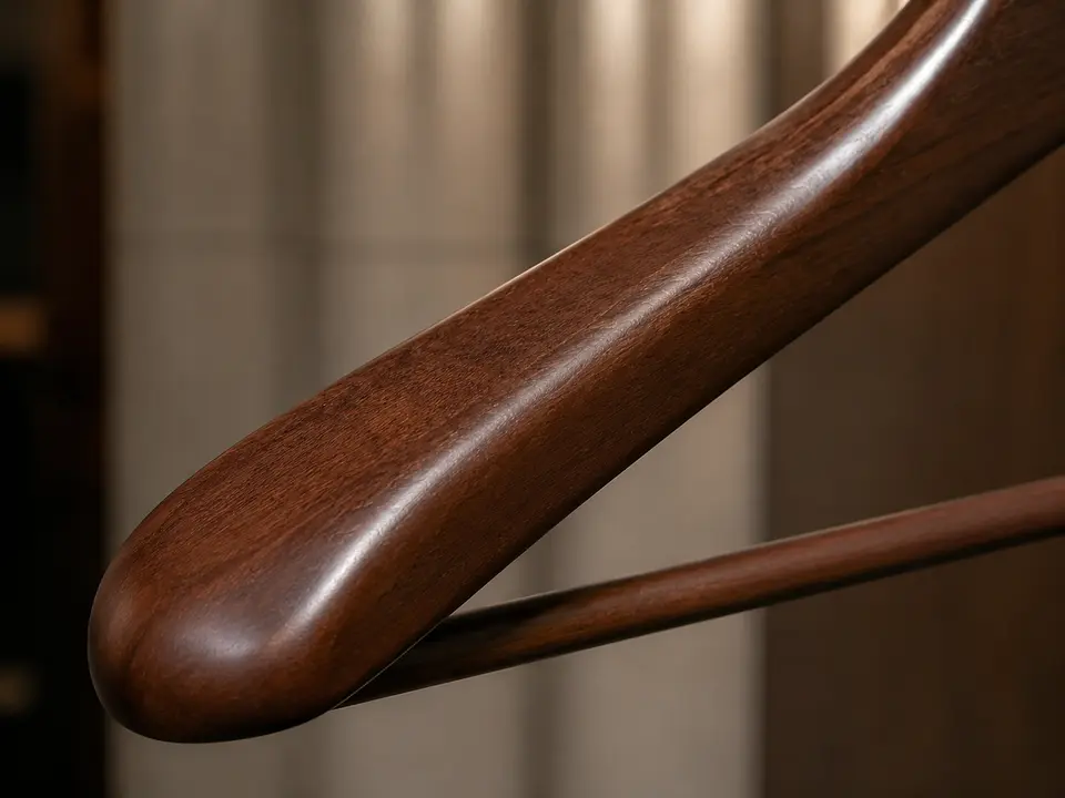 Close detail of hotel hanger wood finish and grain consistency