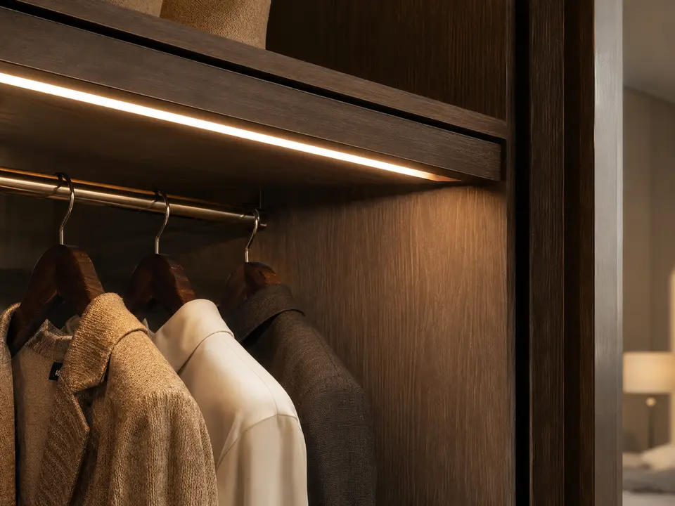 Low-heat hotel wardrobe LED lighting and sensor detail