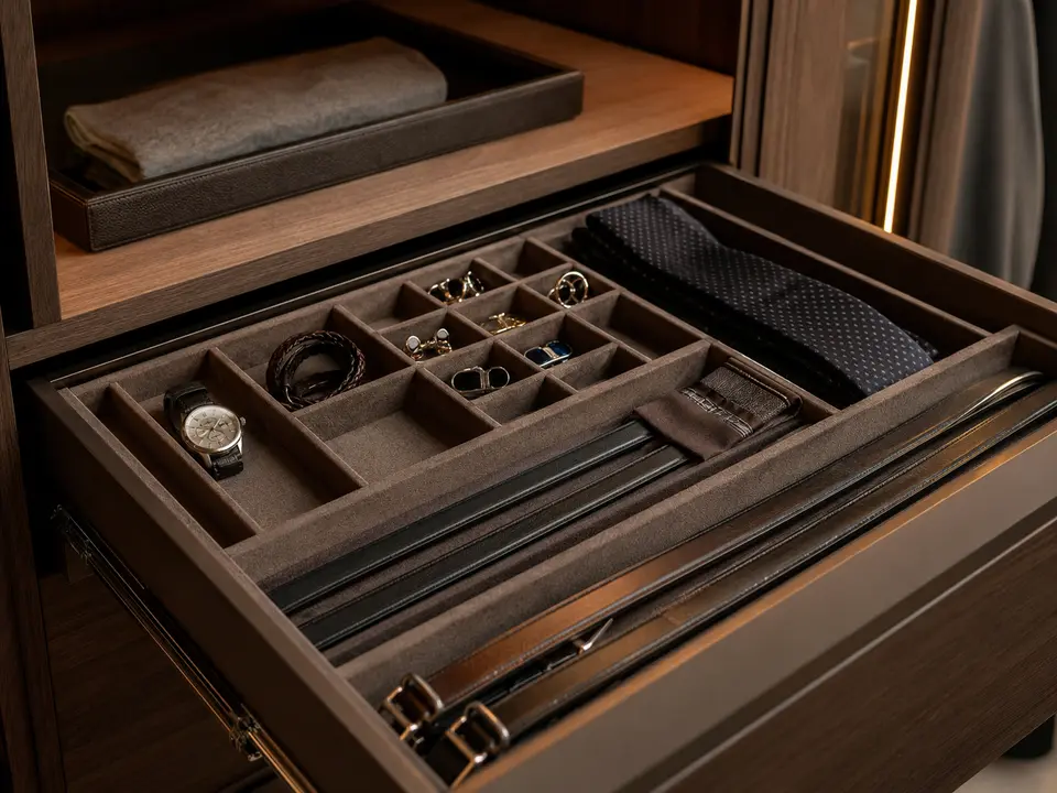 Hotel wardrobe organizer drawer with dividers and accessory trays