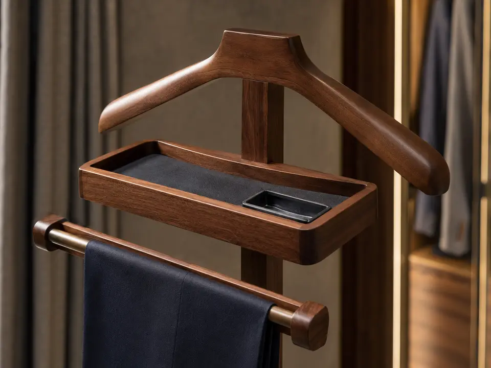 Premium hotel valet stand frame, tray, and hardware detail