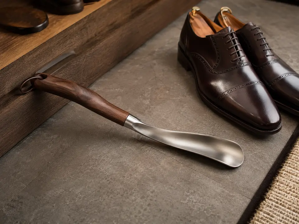 Long-handled hotel shoehorn material and hanging-loop detail
