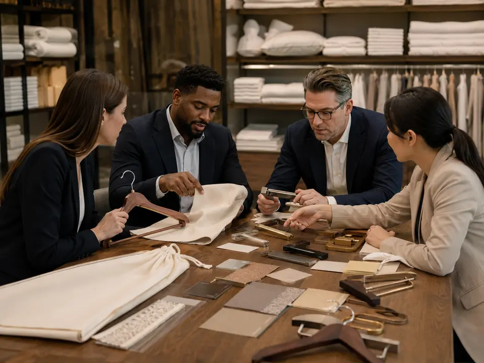Hospitality procurement team reviewing closet and garment care samples