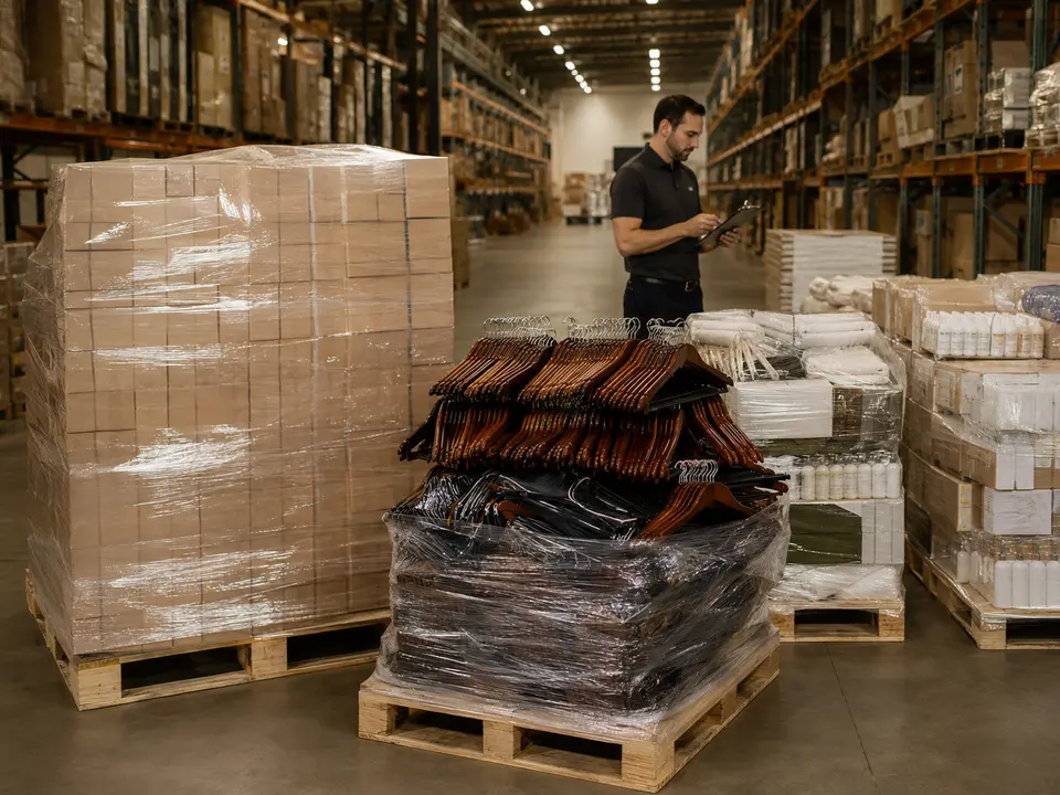 Bulk hotel hanger and garment care order organized in a warehouse
