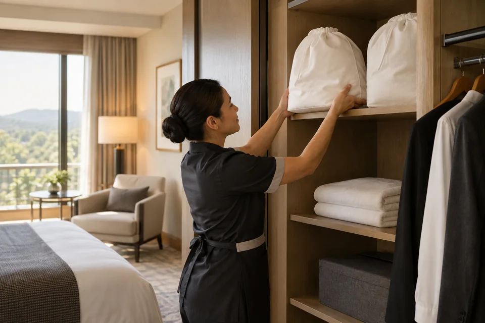 Housekeeping attendant replenishing cotton laundry bags
