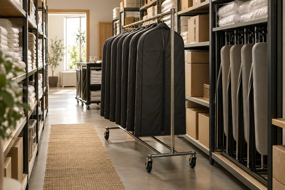Organized garment rack and board storage in a hotel service room
