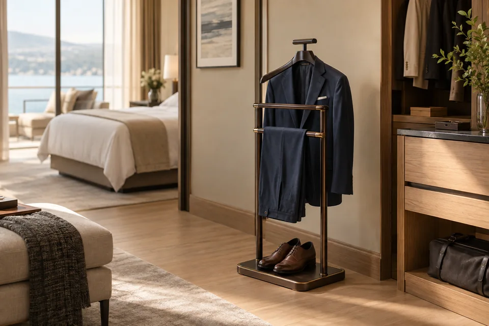 Suite dressing niche with a walnut valet stand and navy suit