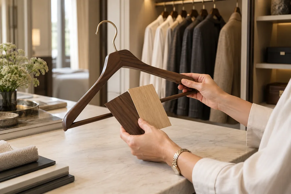 Hanger and wood finish samples for a wardrobe refresh