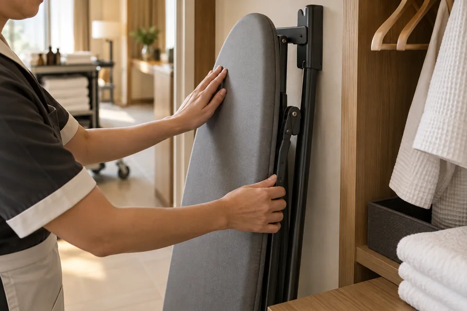 Housekeeping inspection of an ironing board cover and hinge