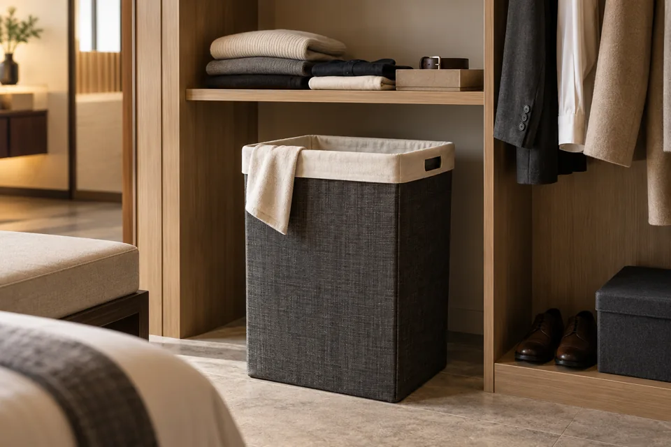 Linen-lined guest laundry hamper in a wardrobe