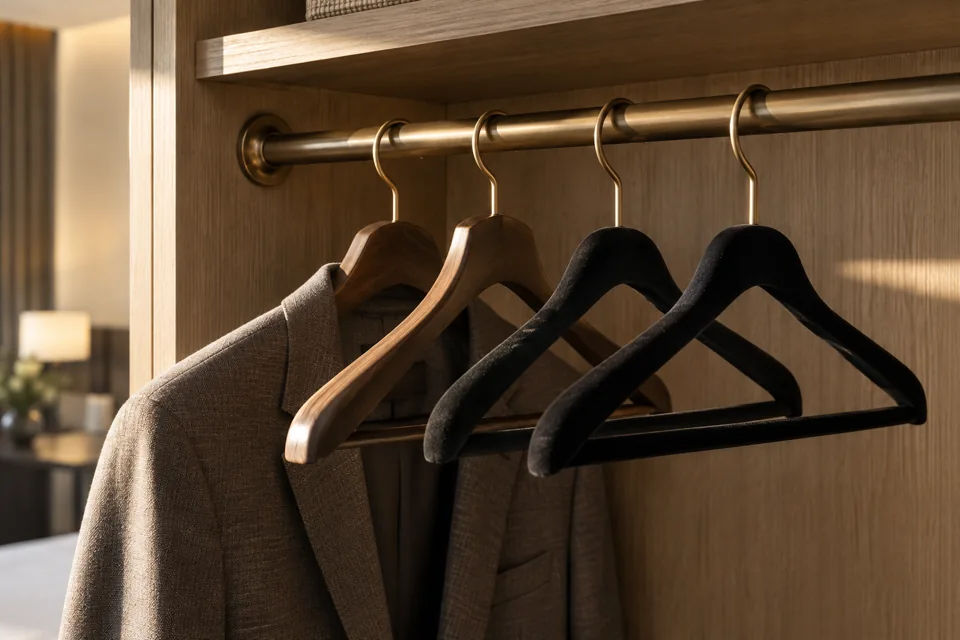 Hotel wardrobe rail with selected hanger profiles