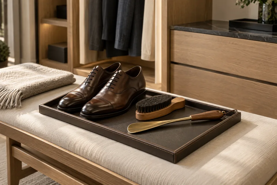 Shoe care accessories beside a hotel dressing bench