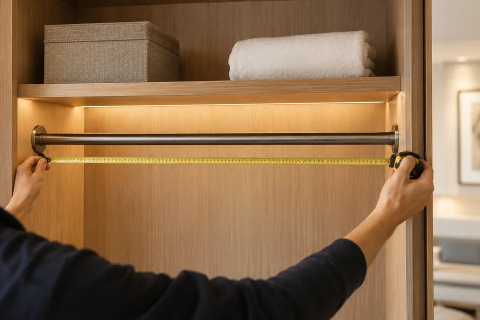 Measuring a wardrobe rail before choosing hanger fittings