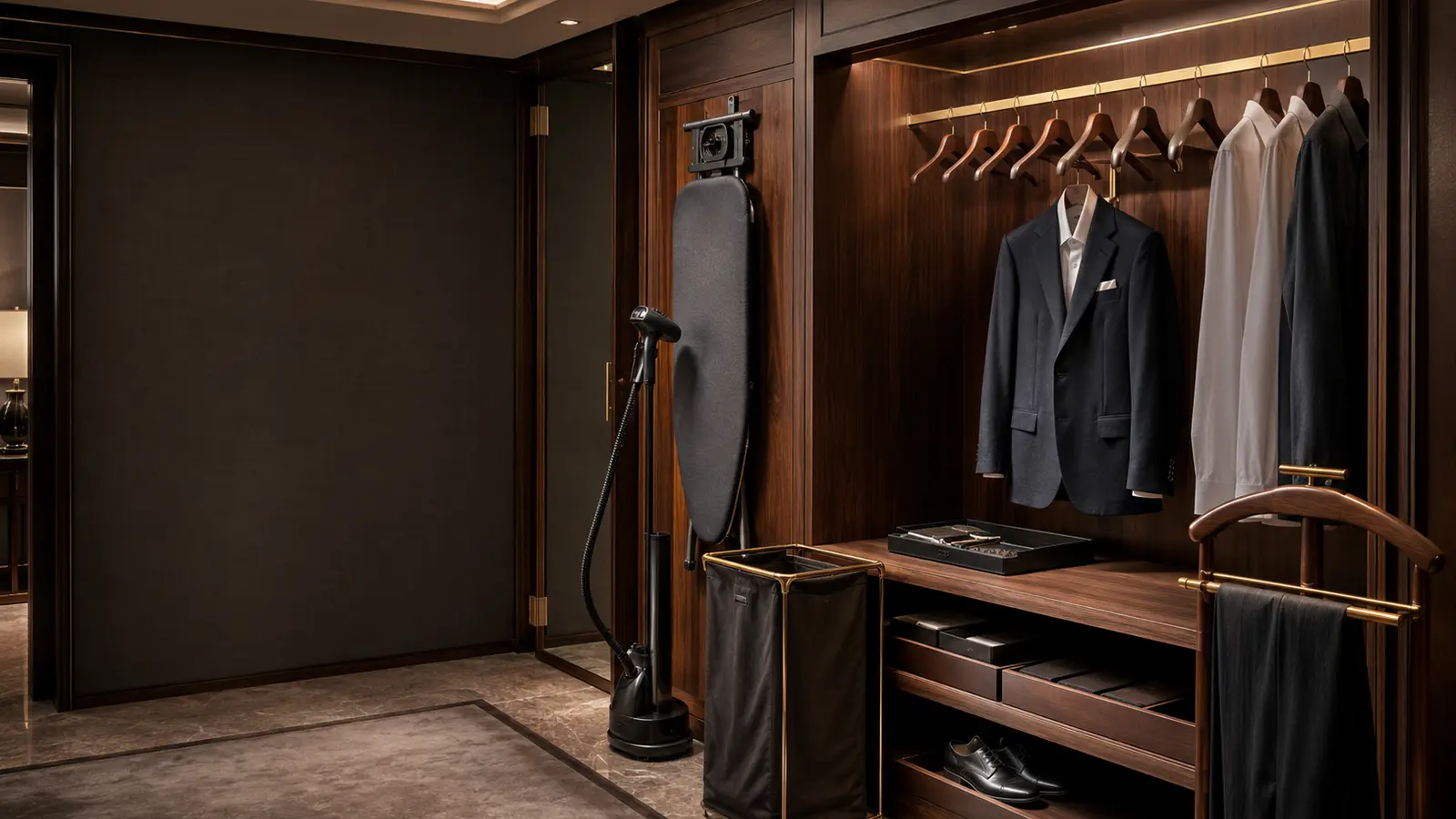 Luxury hotel wardrobe with coordinated hangers, valet stand, laundry accessories, shoe care, and garment-care equipment