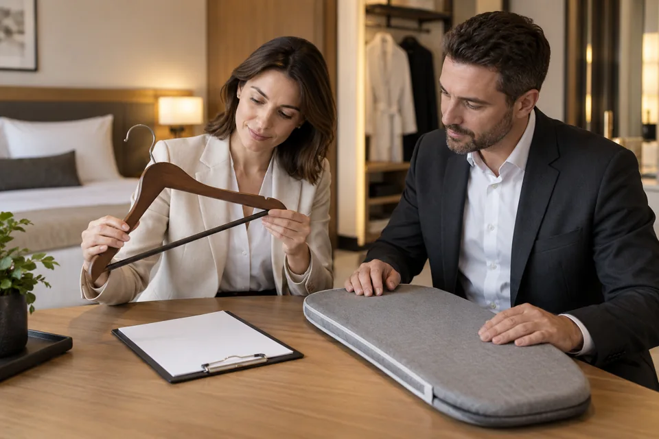 Purchasing team reviewing a hanger sample and ironing board cover