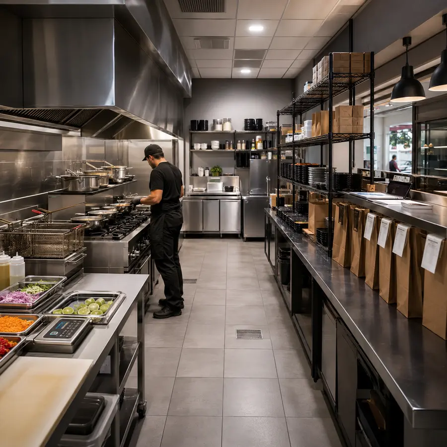 Compact cloud kitchen optimized for delivery production