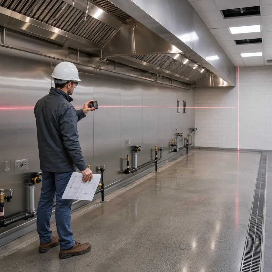 Inspector reviewing kitchen hood and cooking-line safety