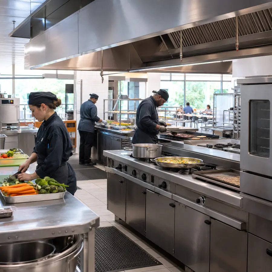 Education dining kitchen with high-capacity cooking equipment